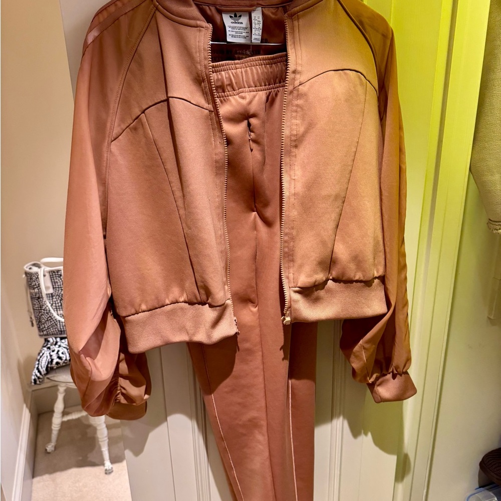 Adidas Bomber Jacket set, includes pants. Satin look and Finish Relaxed Fit